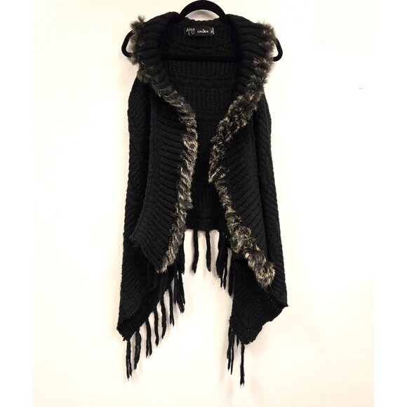 Mohair Wool Blend Y2K  Black Knit Fringe Vest Faux Fur Trim By Yag Couture ML Fo - Picture 1 of 13